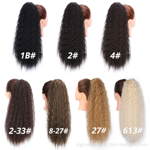 Clip in Corn Wave Ponytail Extension Drawstring Long Yaki Wavy Pony Tail Hair 22 Inch Synthetic Hairpiece - Black for Women